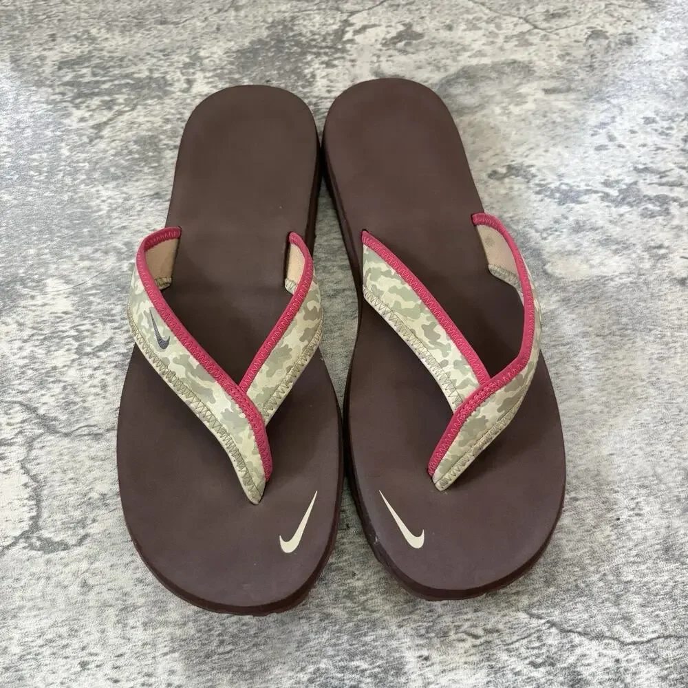 Vintage Nike Celso Thong Sandals Womens Size 10 Camo Pink Brown Y2K 314870-221
